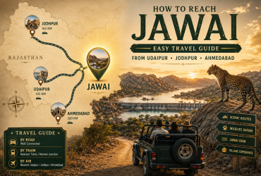 Travel guide map showing how to reach Jawai from Udaipur, Jodhpur, and Ahmedabad with scenic routes, Jawai Dam, safari jeep, granite hills, and leopard landscape.