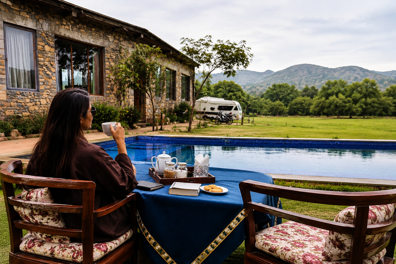 Guest enjoying tea by the pool at Agvani Resort in Jawai