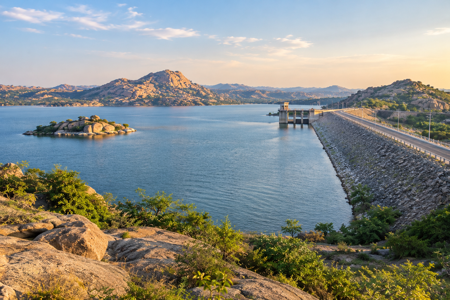 Wide view of Jawai Dam and its embankment surrounded by granite hills in western Rajasthan.